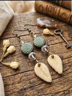 Boho Turquoise and Cream Leaf Dangle Earrings